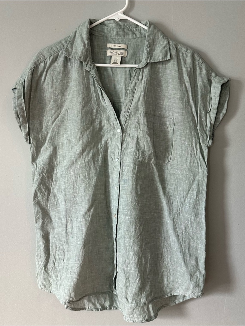 Rachel Zoe Sage Green 100% Linen Short-Sleeve Button-Down Shirt, M